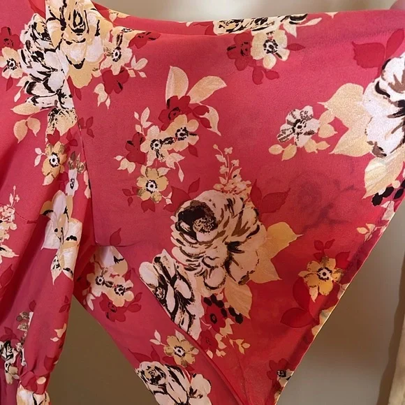 FLORAL WRAP GEORGETTE BABYDOLL BLOUSE CORAL Size 00 - Picture 11 of 15